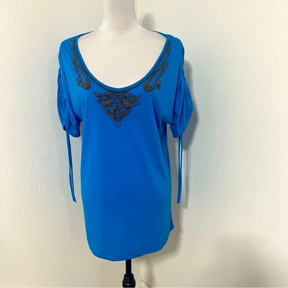 A.N.A Women’s Large Beautiful Chic Blue Blouse with Delicate Embellishments EUC